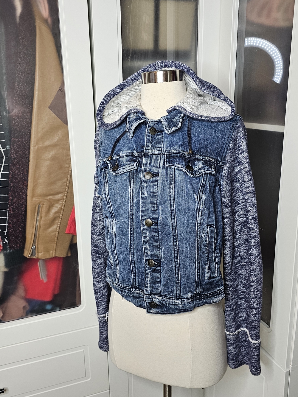 Free People Denim Hooded Jacket with Knit Sleeves - Blue